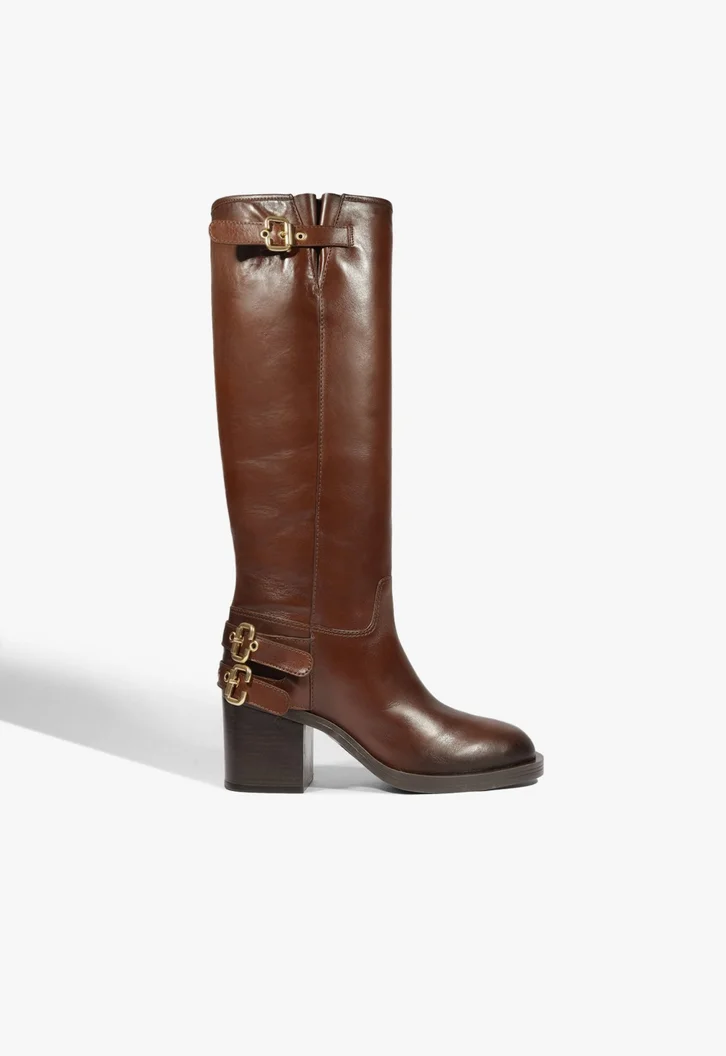 Bota Cano Longo Salto Bloco Couro Marrom