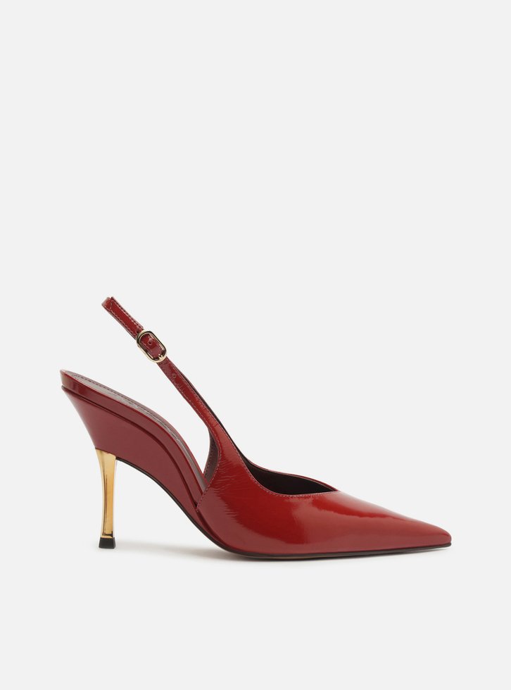Scarpin Vermelho Couro Slingback Salto Alto Dourado
