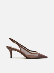 Scarpin Marrom Arezzo Tela Salto Kitten Slingback