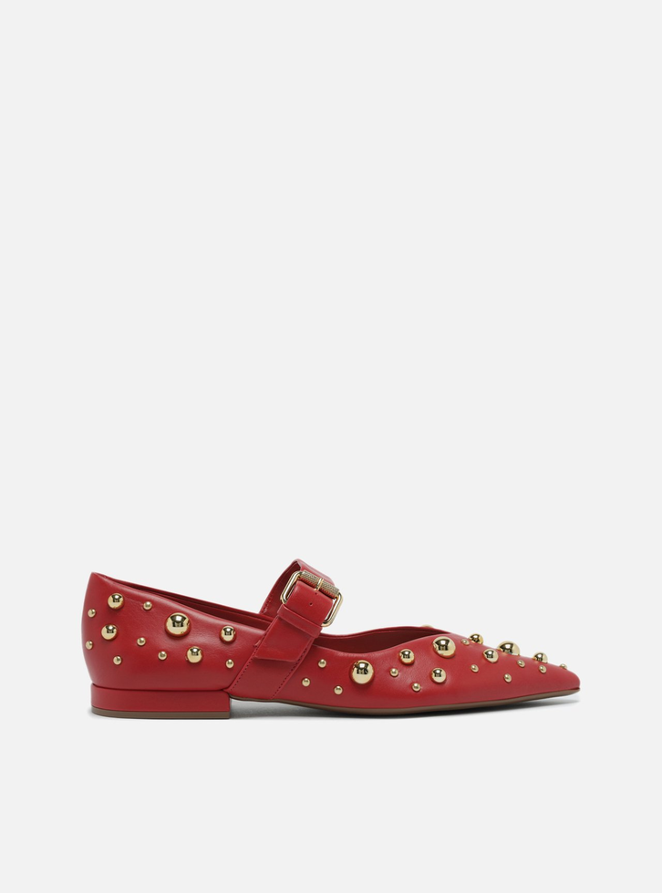 Sapatilha Boneca Vermelha Couro Maxi Tachas