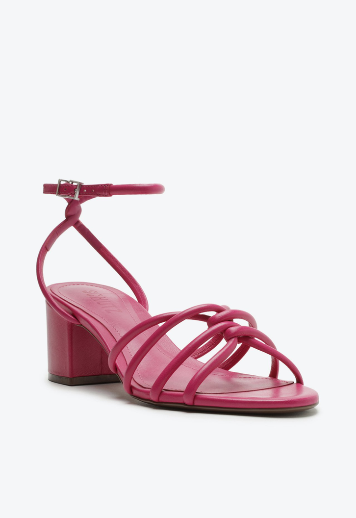 Sandália Salto Bloco Médio Couro Rosa Pink