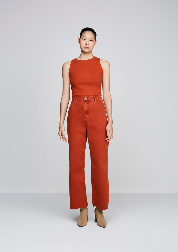 Calça Laranja DZARM Em Sarja Wide Leg Slim Cintura Alta