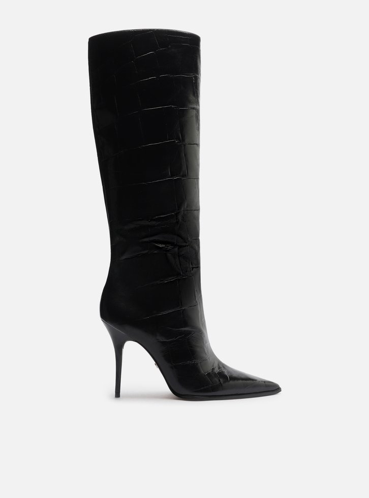 Bota Preta Croco Salto Alto Cano Médio Bico Fino