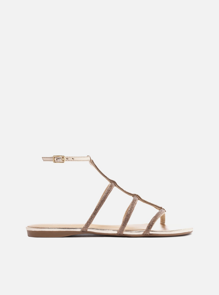 Sandália Rasteira Dourada Strass Gladiadora
