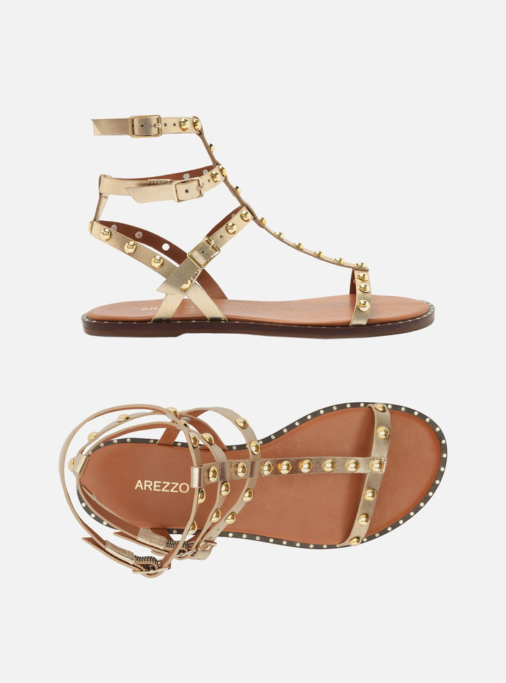 Sandália Rasteira Gladiadora Dourada Arezzo Couro Tachas | ZZ MALL