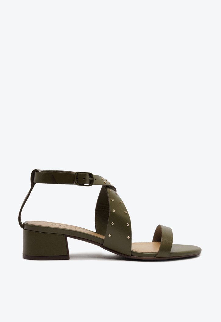 Sandália Salto Bloco Tira Lateral Couro Verde