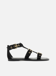 Sandália Rasteira Preta Couro Tiras Fivelas