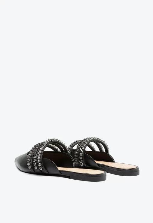 Sapato Mule Rasteira Couro Cristais Preto