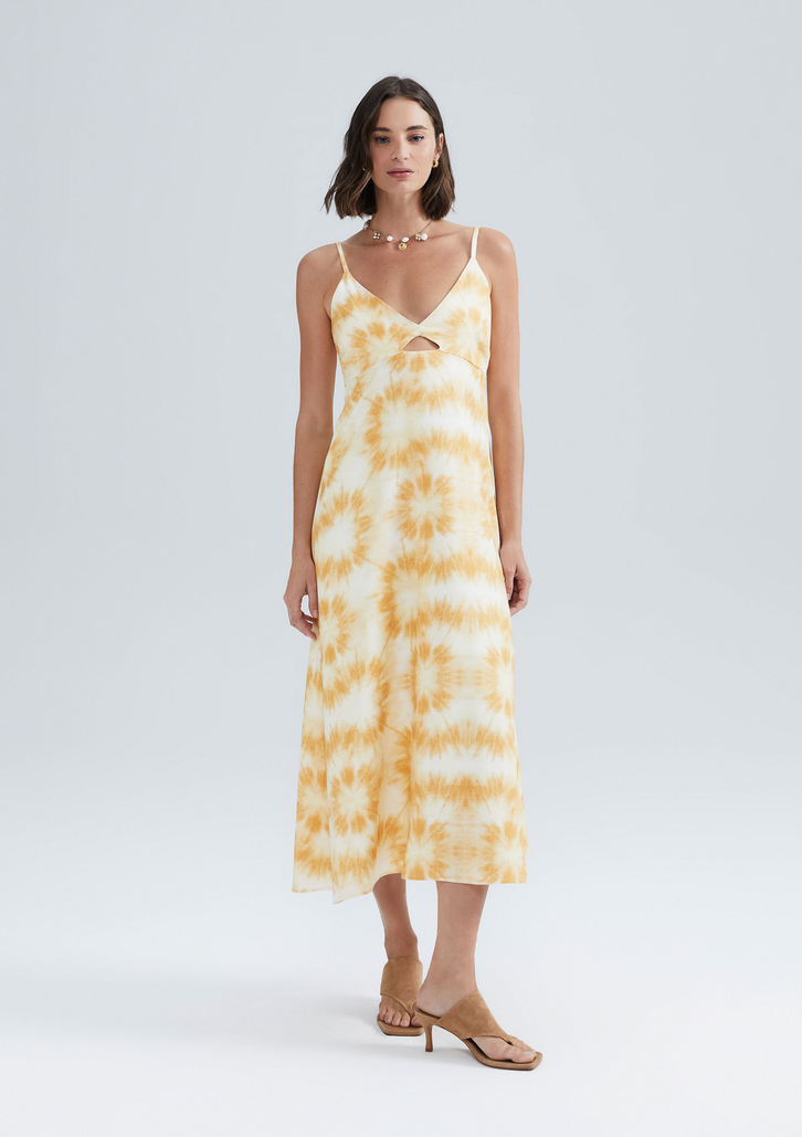 Vestido Amarelo Hering Midi Alças Finas Estampado