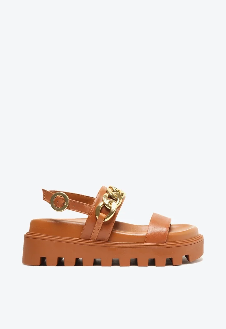 Sandália Flatform Marrom Arezzo Couro Tratorada Corrente