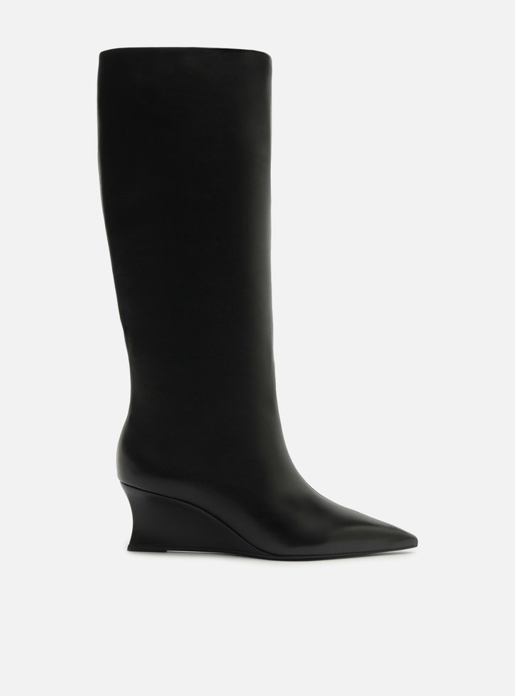 Bota Preta Couro Salto Anabela