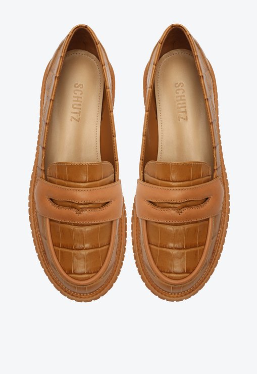 Sapato Mocassim Tratorado Viola Couro Croco Marrom
