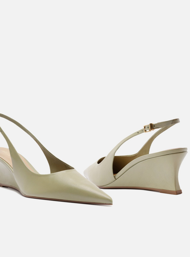 Scarpin Verde Oliva Couro Salto Baixo Anabela Slingback