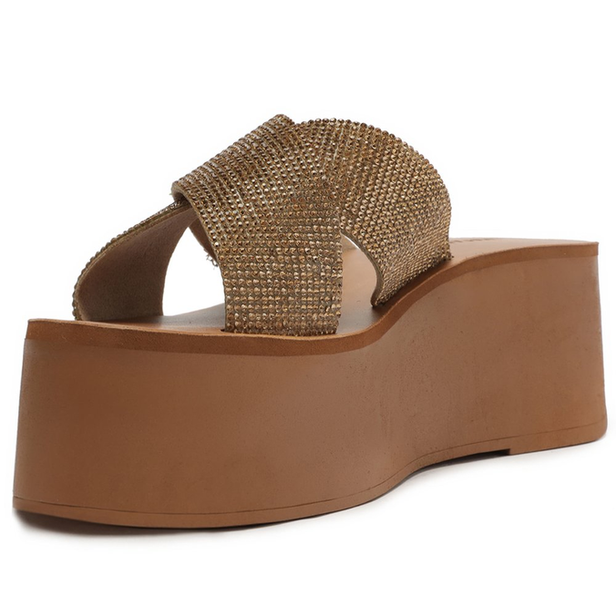 Sandália Flatform Marrom Íris Tiras Cruzadas Brilho Dourado Glam
