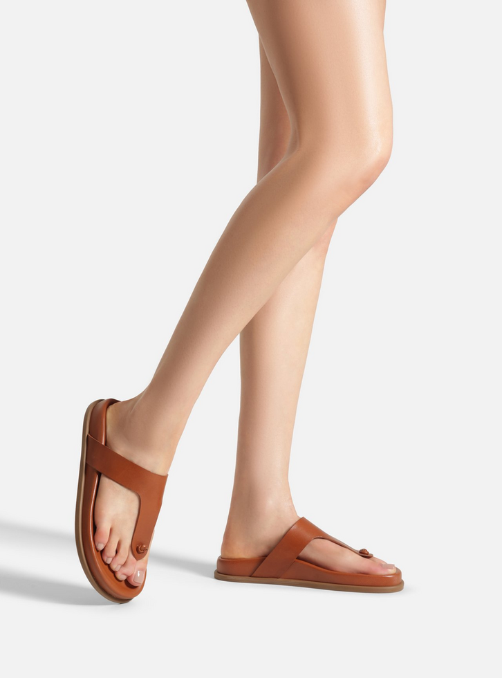 Sandália Papete Marrom Couro Tira T