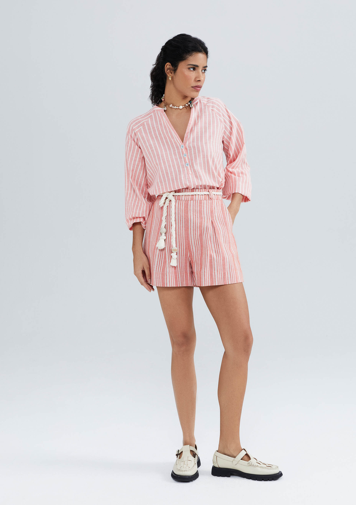 Blusa Vermelha Hering Feminina Listrada Manga 7/8 Com Botões