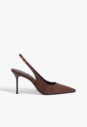 Slingback Salto Alto Fino Couro Marrom