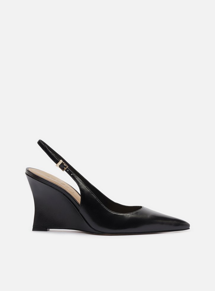 Scarpin Preto Couro Salto Alto Anabela Slingback