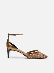 Scarpin Bronze Salto Baixo Fino Aberto Tela