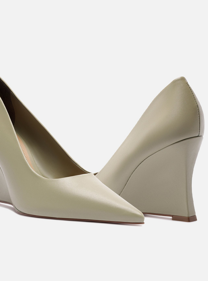 Scarpin Verde Oliva Couro Salto Anabela Bico Fino