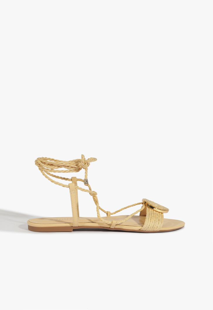 Sandália Rasteira Couro Amarração Bege