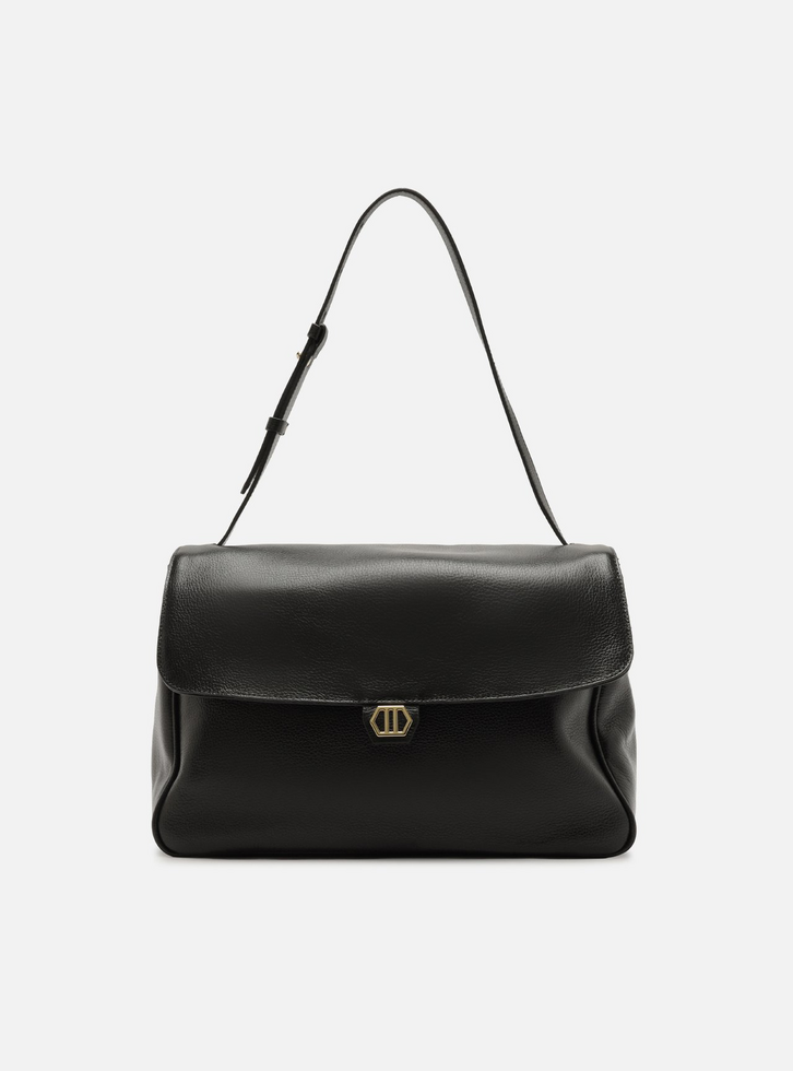 Bolsa Tiracolo Preta Couro Média Metais