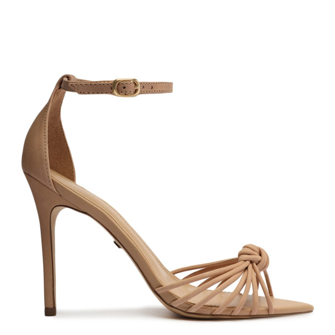 SANDÁLIA BEGE AREZZO NOBUCK SALTO ALTO BICO FOLHA | ZZ MALL