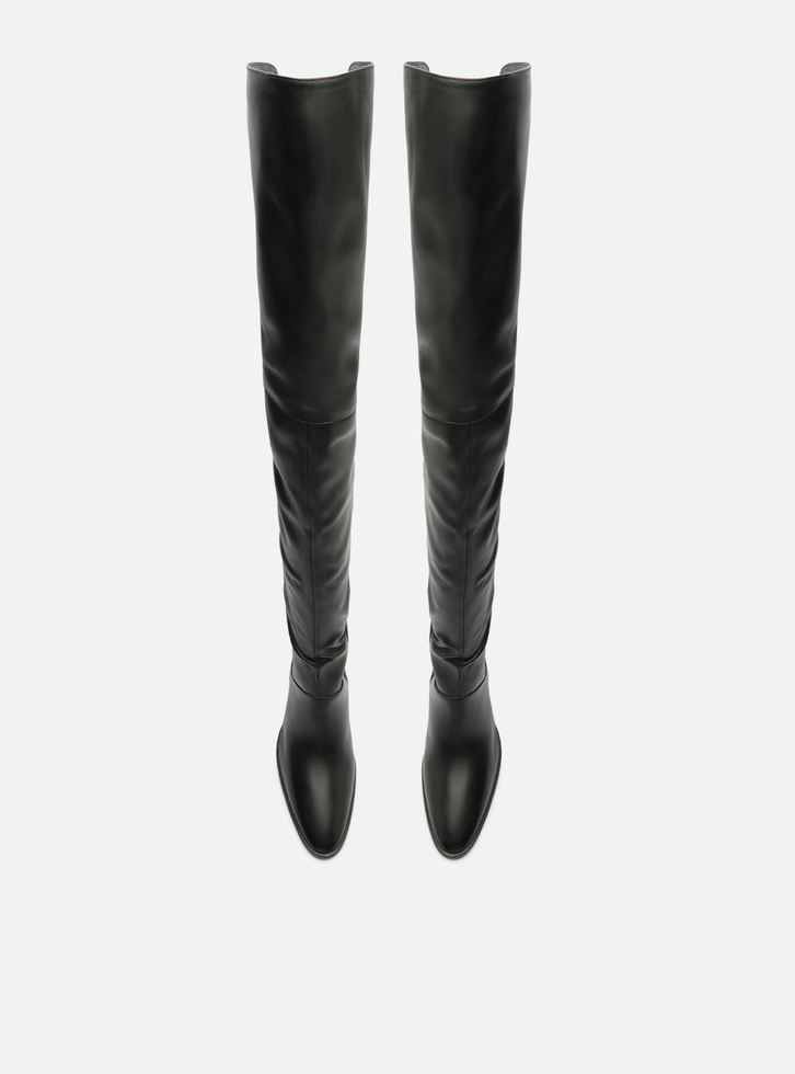 Bota Over The Knee Preta Couro Salto Alto