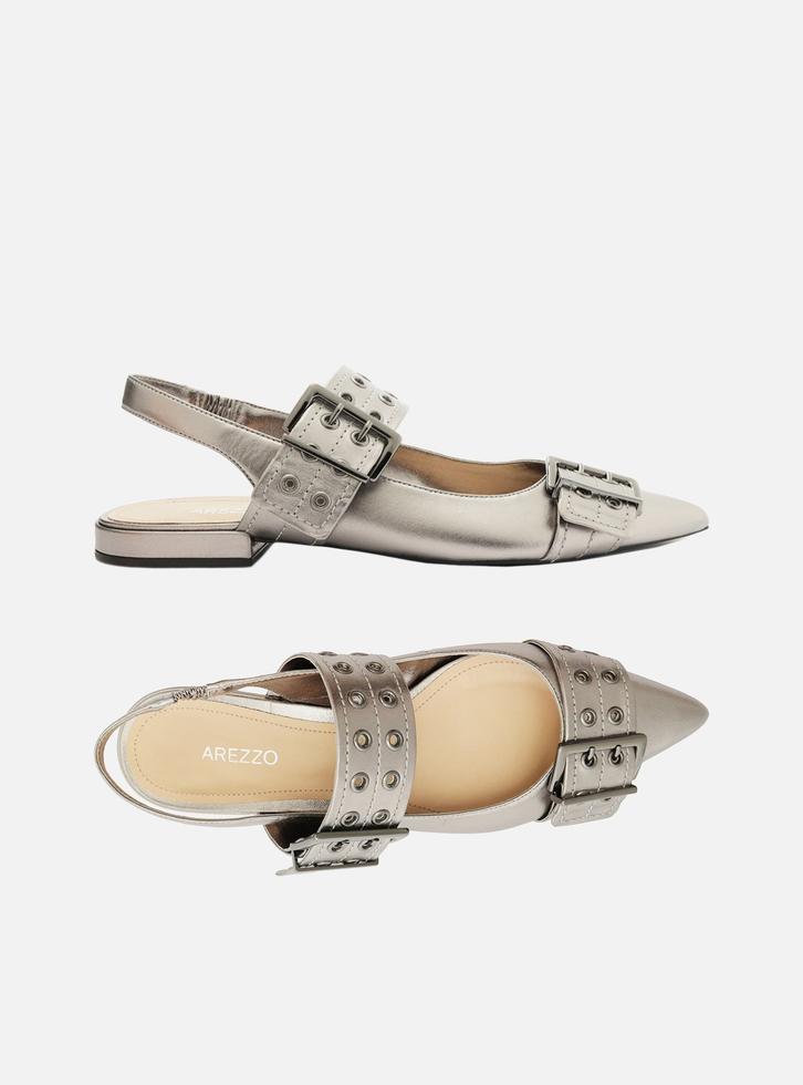 Sapatilha Prata Couro Fivelas Slingback