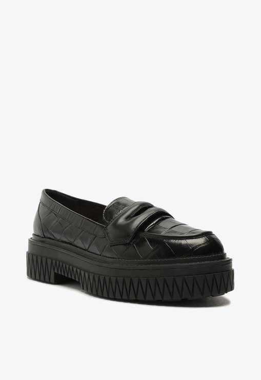 Sapato Mocassim Tratorado Viola Couro Croco Preto