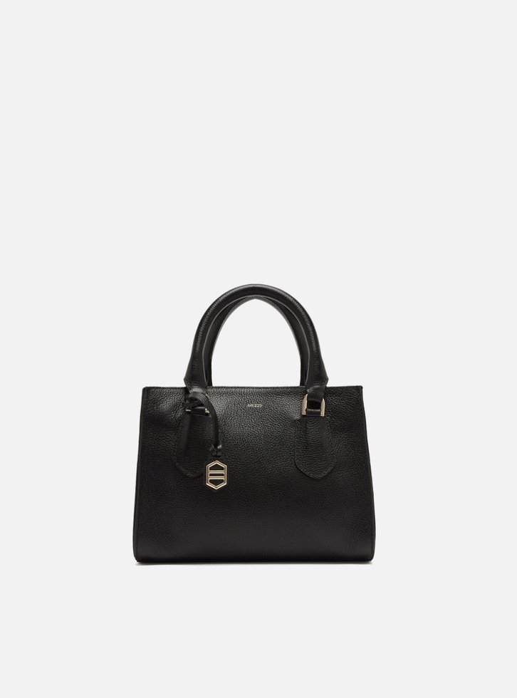 Bolsa Tote Preta Couro Pequena Bag Charm Metal