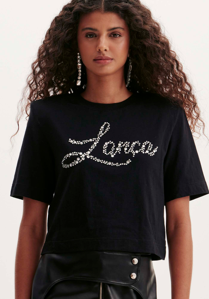 T-shirt Preta Lança Perfume Curta Com Aplicação