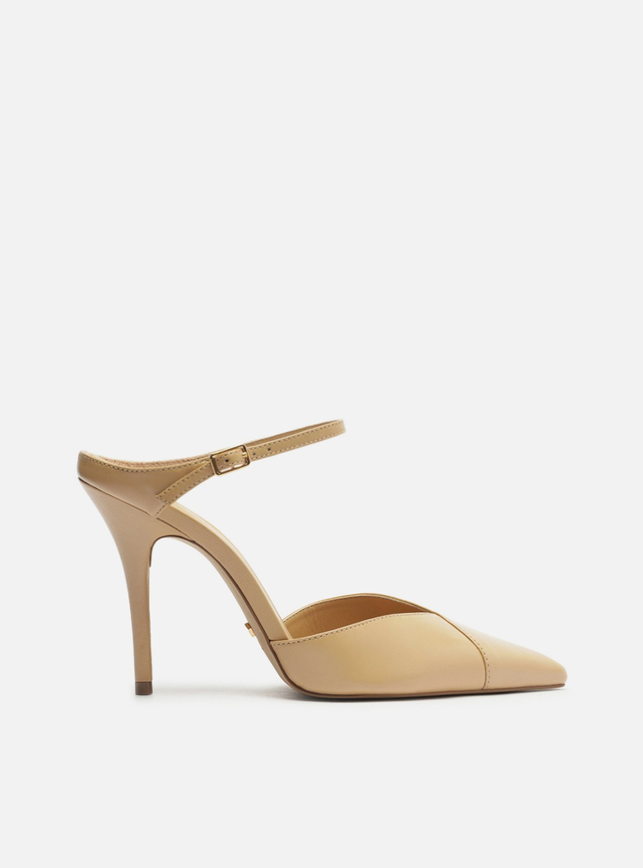 Mule Bege Couro Salto Alto Tira Instep | ZZ MALL