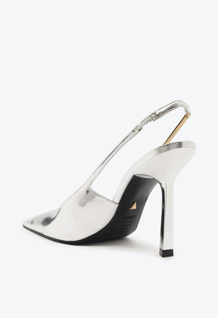 Sapato Scarpin Slingback Salto Alto Couro Prata