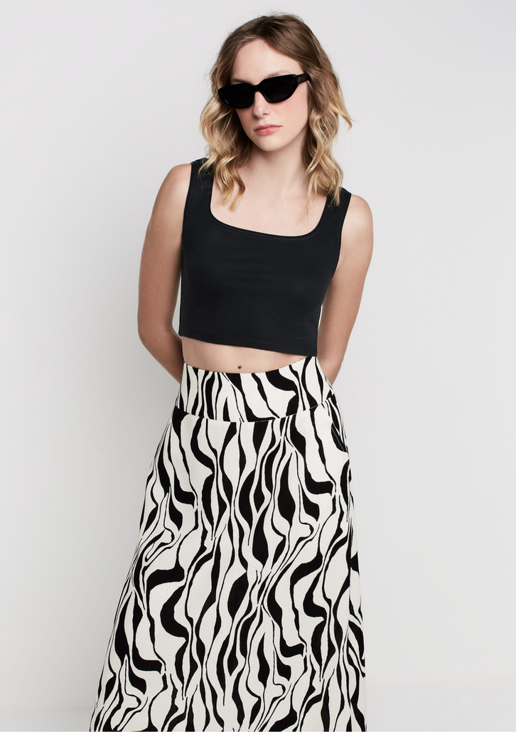 Top Cropped Preto DZARM Decote Quadrado Em Algodão Com Elastano