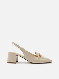 Loafer Off-white Arezzo Verniz Salto Bloco Metal Triângulo