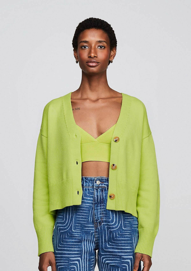 Cardigan Verde Dzarm Amplo Em Tricô e Decote V