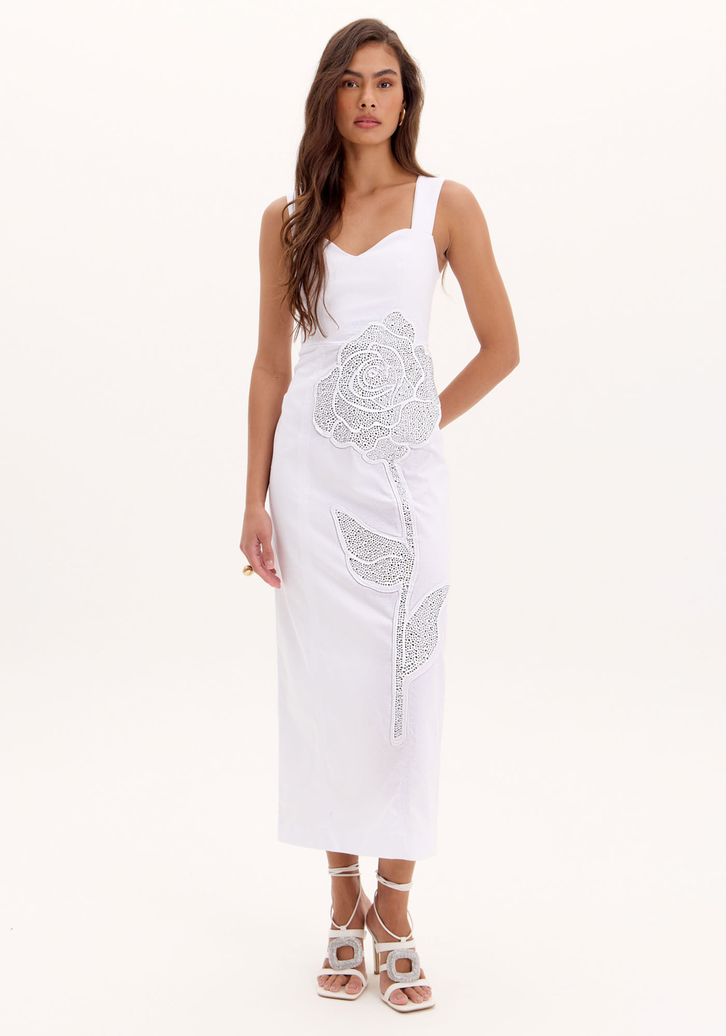 Vestido Branco Lança Perfume Super Midi Aplicação