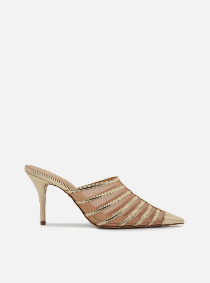 Mule Dourada Tela Salto Médio Bico Fino