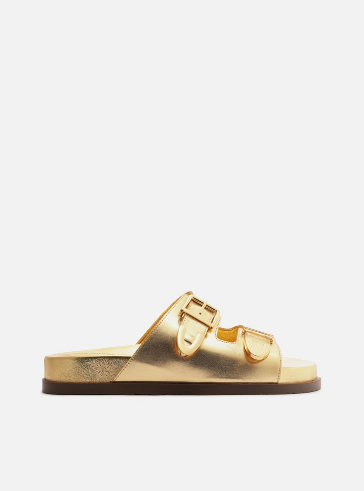 Papete Dourada Caramel Couro Tiras Metais Fivela