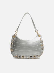 Bolsa Hobo Prata Couro Média Costuras Metais