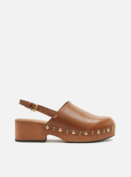 Mule Clog Caramelo Couro Salto Médio Tira