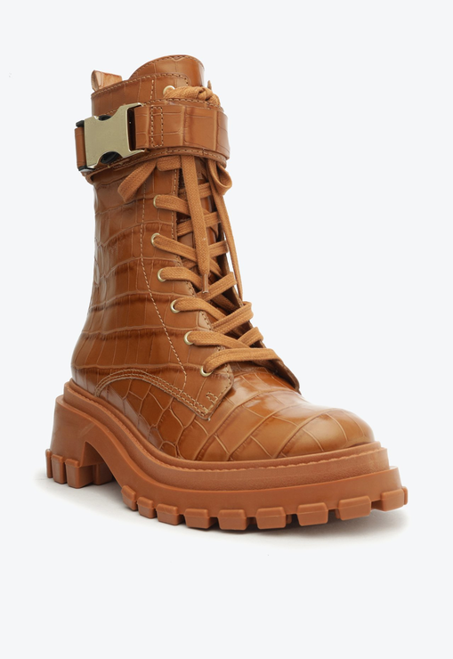 Bota Coturno Tratorado Cano Alto Couro Croco Marrom