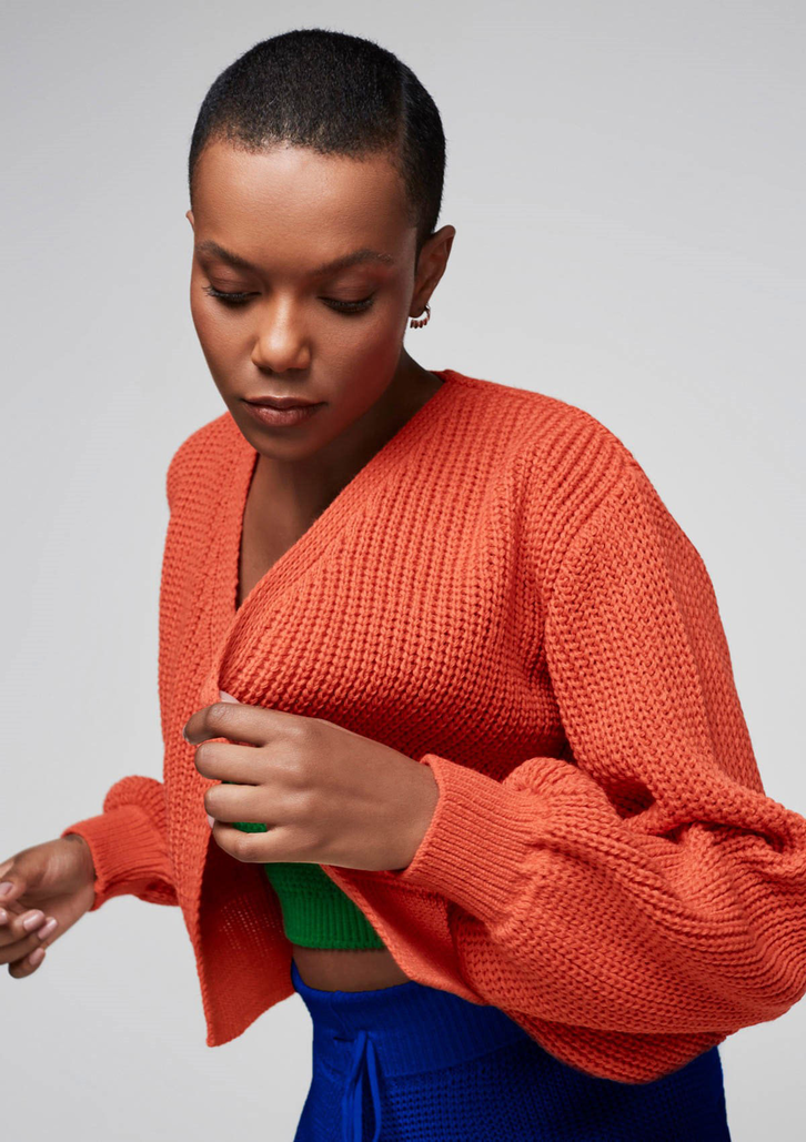 Cardigan Laranja Dzarm Em Tricô Com Mangas Bufantes