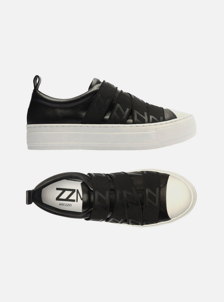 Slip On Preto Couro Flatform Elásticos