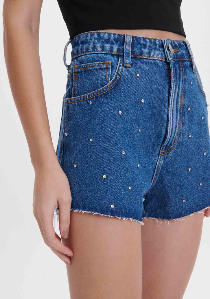 Short Azul My Favorite Things Comfort Jeans Bordade Strass