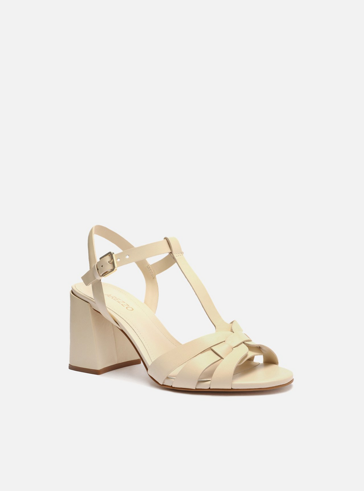 Sandália Off-White Couro Salto Bloco Tiras Elo