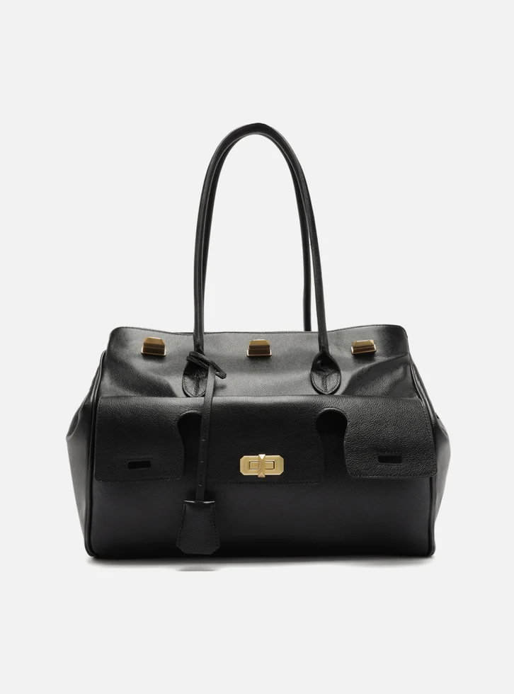 Bolsa Shopping Preta Couro Grande Bolso Recortes