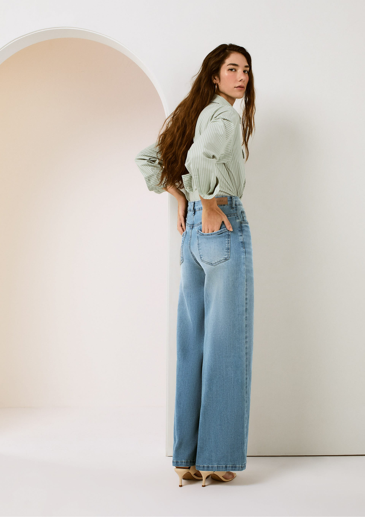 Calça Jeans Azul Claro Dzarm Ultra Stretch Pantalona Cintura Alta