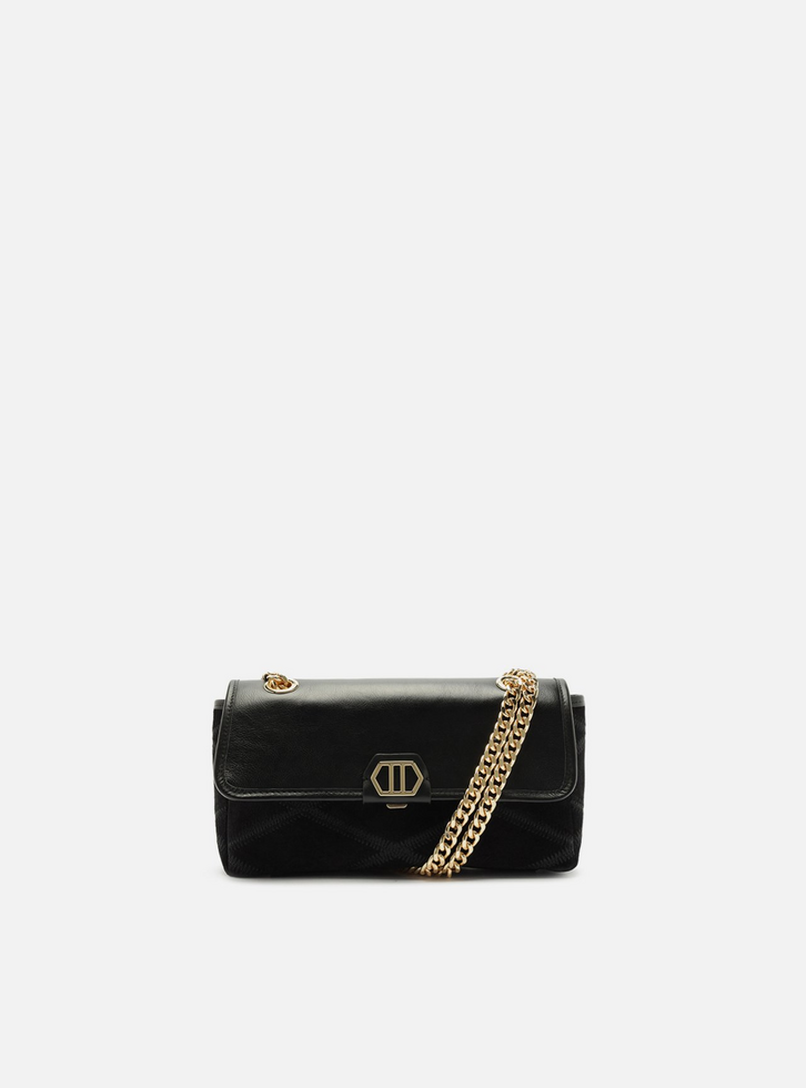 Bolsa Tiracolo Preta Couro Pequena Corrente
